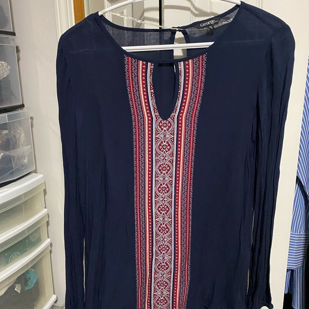 Navy Blouse with Red and White Embroidery